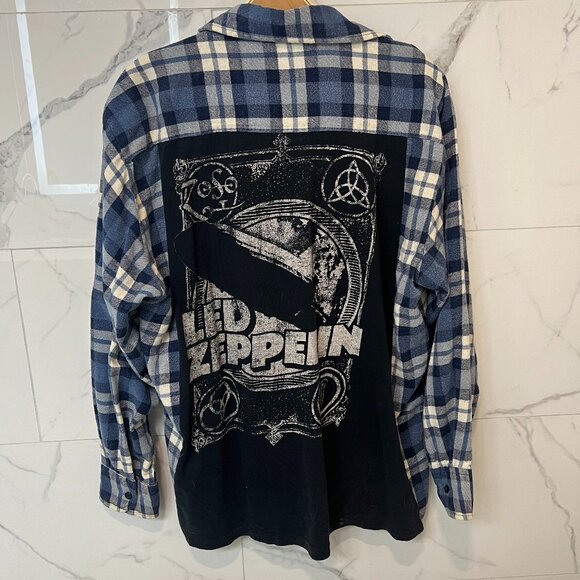 Led Zeppelin, Flannel, Blue, Black, White, Vintage, LARGE - Picture 1 of 3